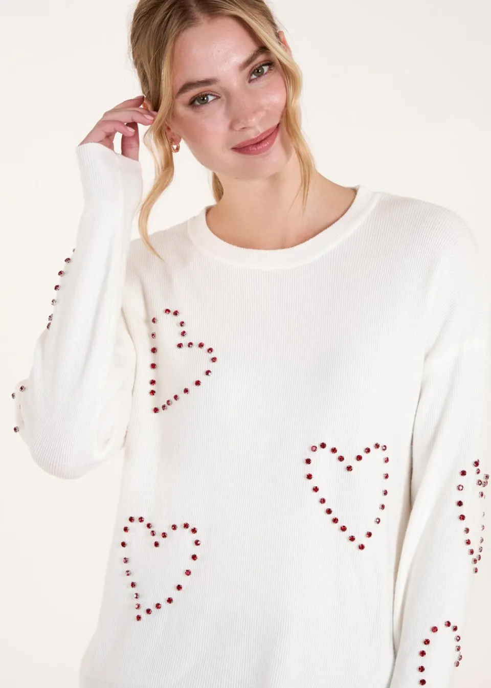 Knitwear>Blue Vanilla Ivory Rhinestone Heart Jumper