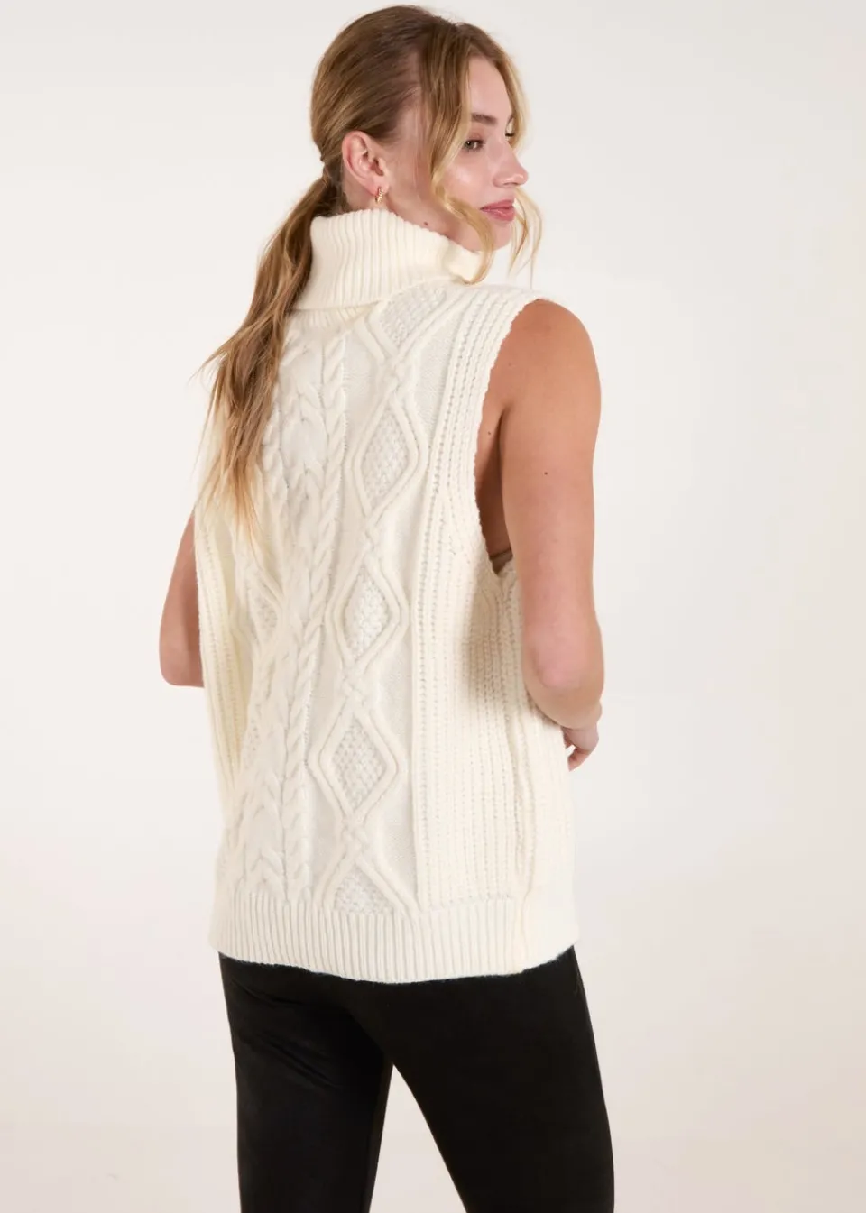 Tops>Blue Vanilla Ivory Roll Neck Cable Knit Vest
