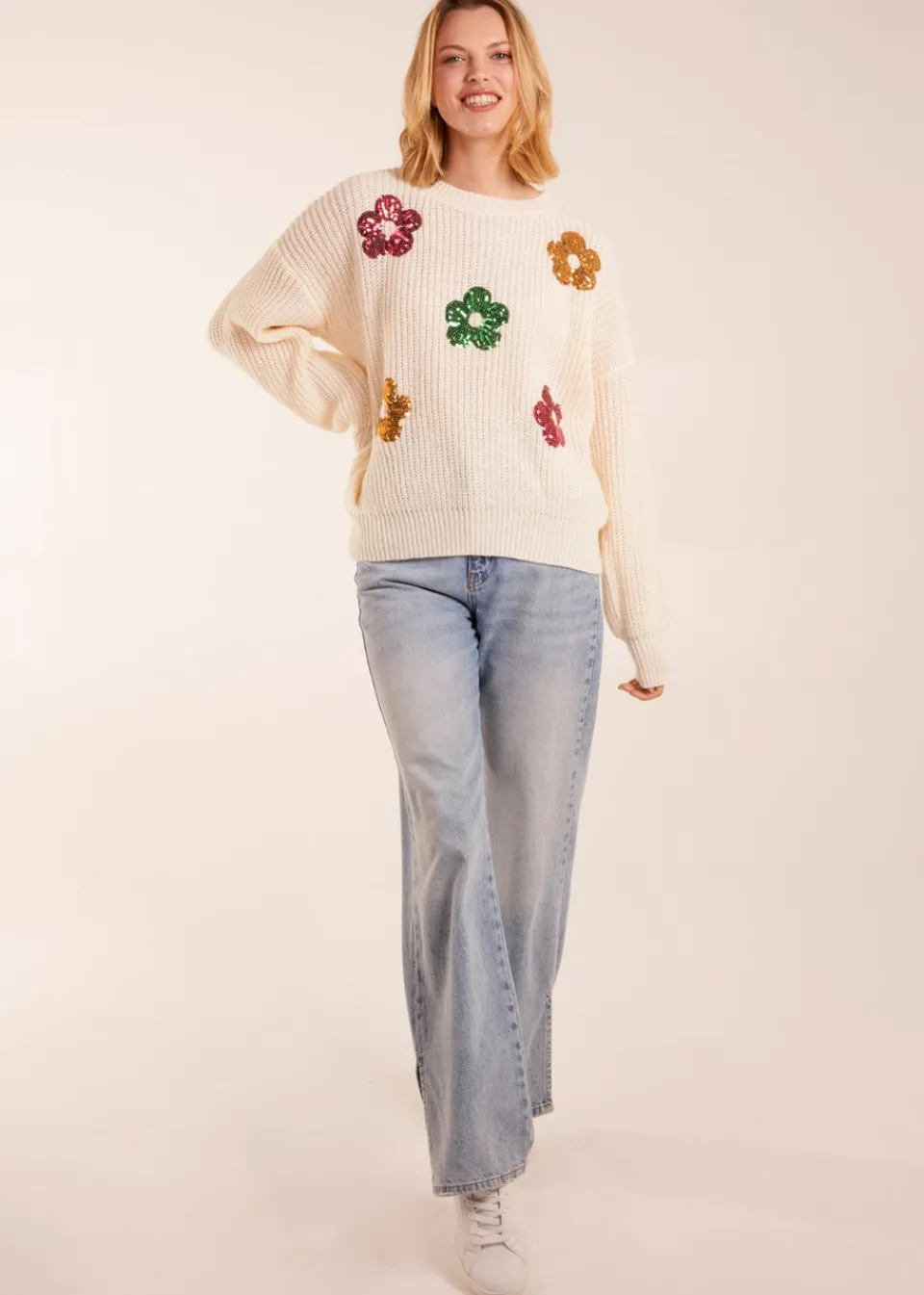 Tops>Blue Vanilla Ivory Sequin Daisy Flower Knitted Jumper