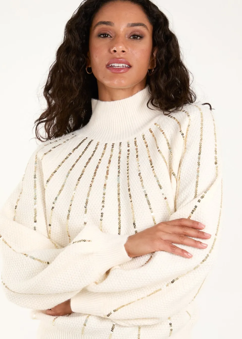 Tops>Blue Vanilla Ivory Sequin High Neck Jumper