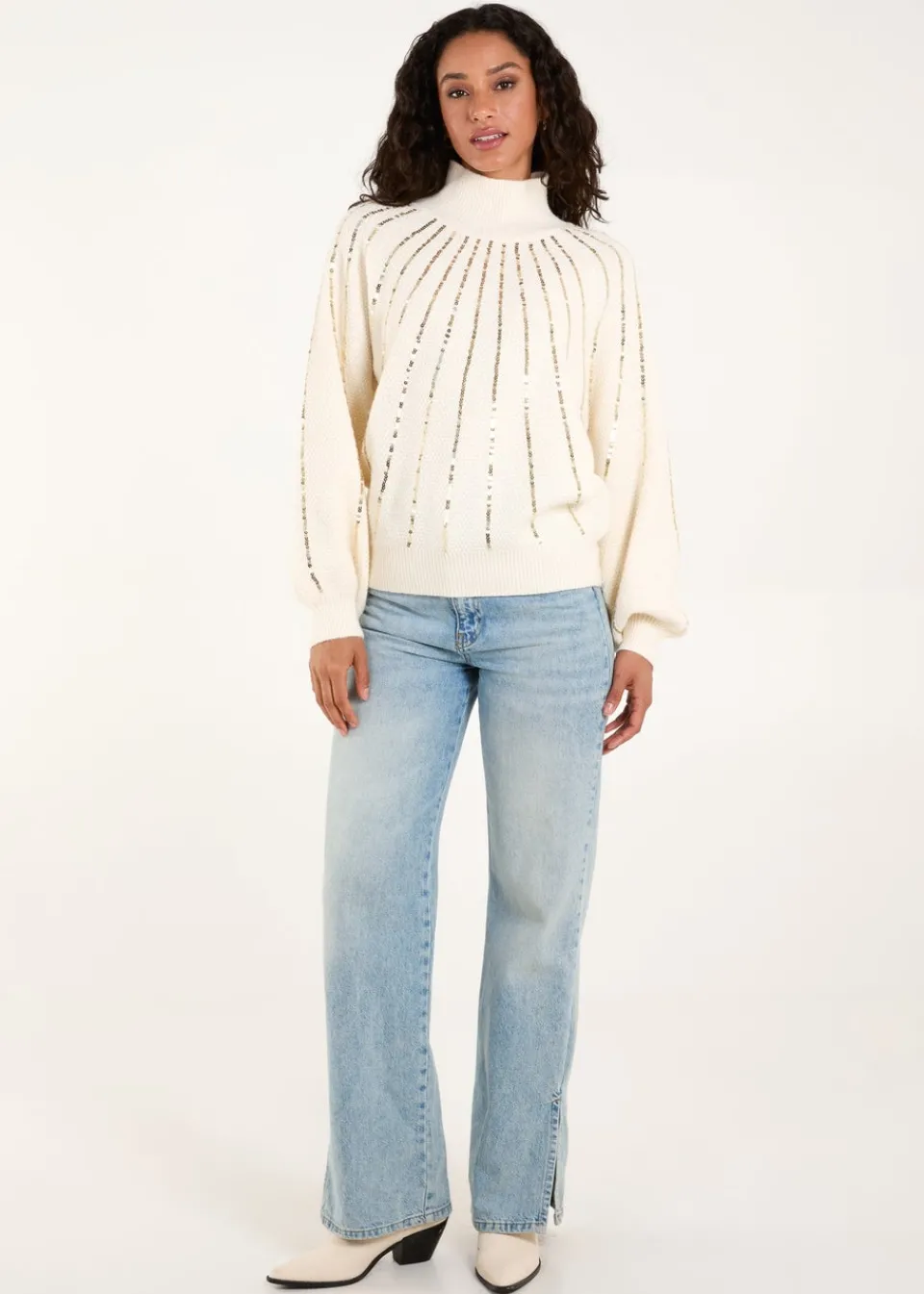 Tops>Blue Vanilla Ivory Sequin High Neck Jumper