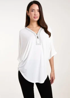Tops>Blue Vanilla Ivory Studded Zip Front Top