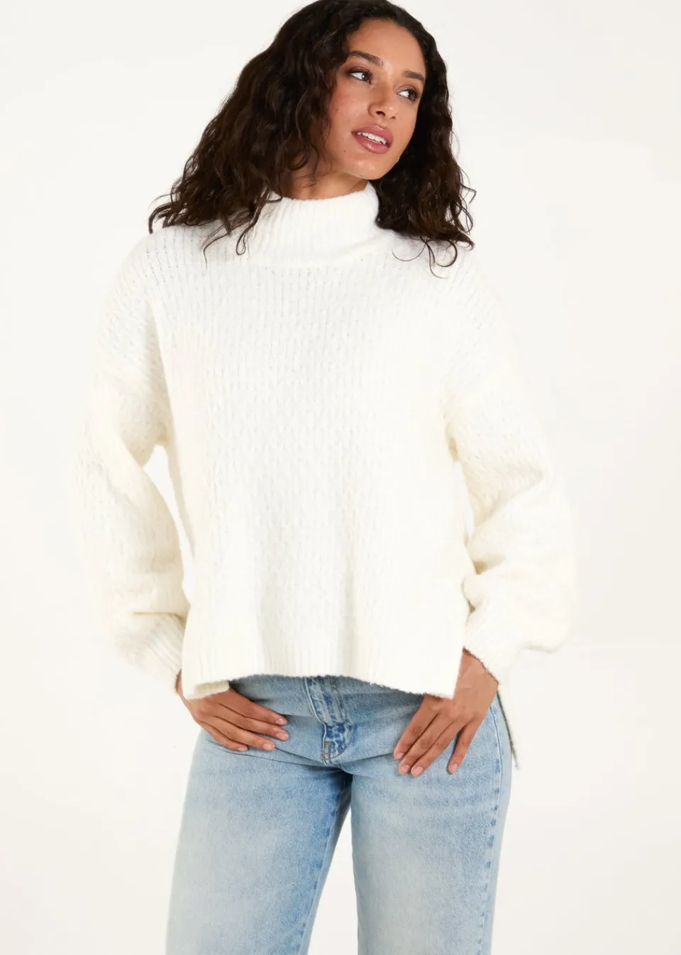 Tops>Blue Vanilla Ivory Textured High Neck Jumper
