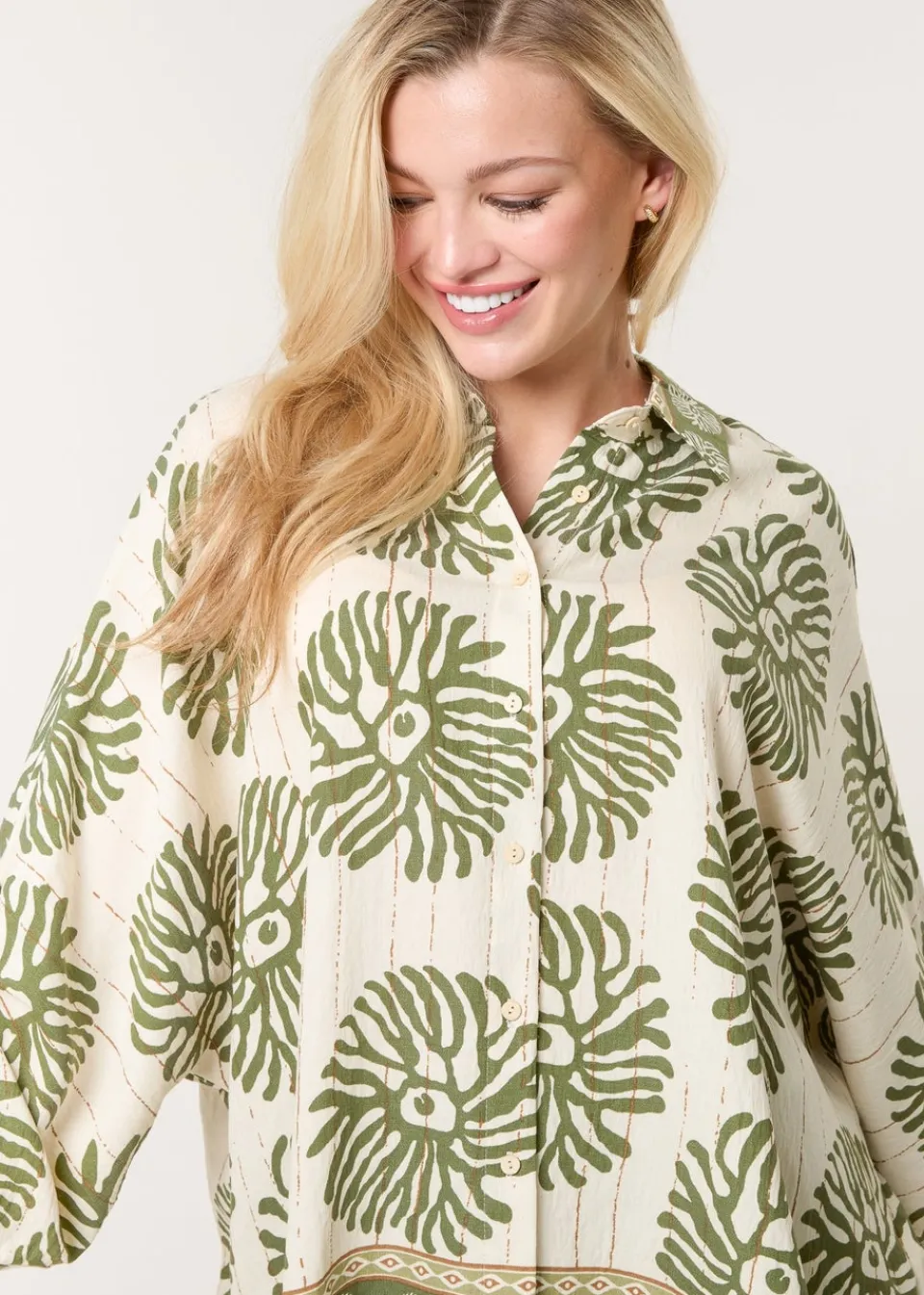 Tops>Blue Vanilla Khaki Abstract Oversized Shirt