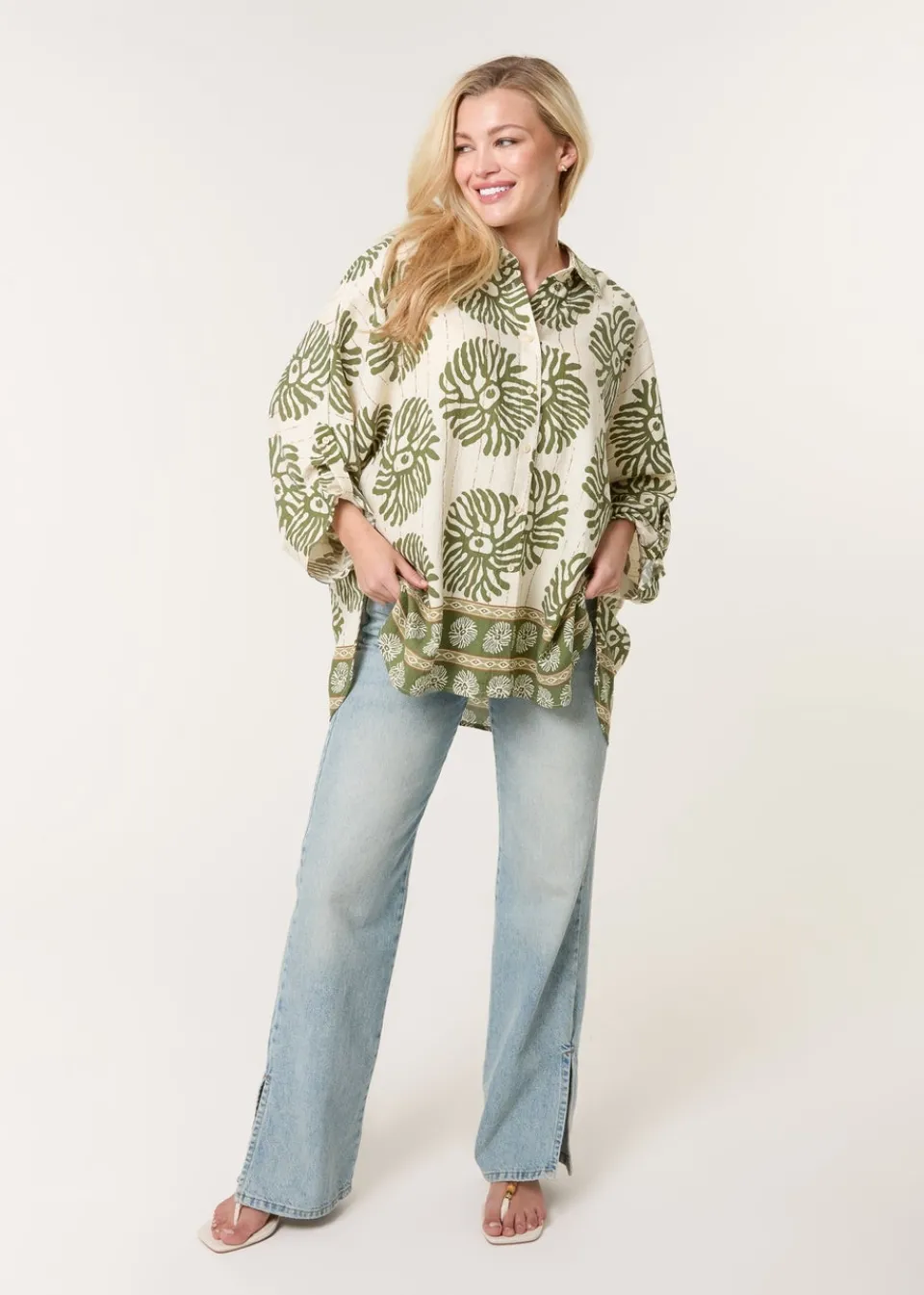 Tops>Blue Vanilla Khaki Abstract Oversized Shirt