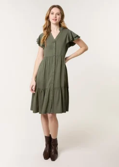 Dresses>Blue Vanilla Khaki Angel Sleeve Button Front Midi Dress