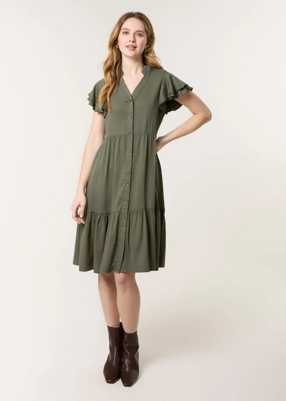 Dresses>Blue Vanilla Khaki Angel Sleeve Button Front Midi Dress