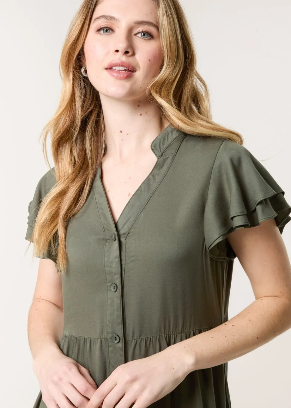 Dresses>Blue Vanilla Khaki Angel Sleeve Button Front Midi Dress