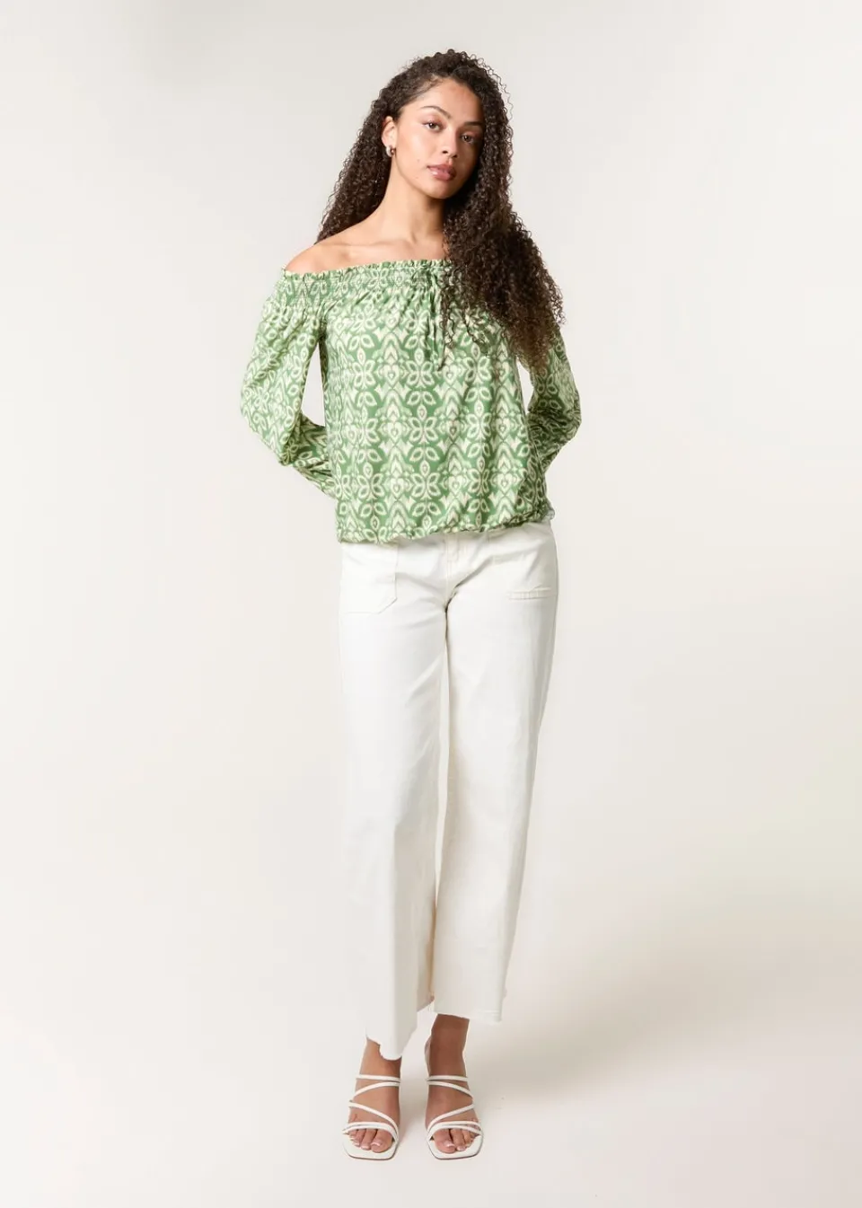 Tops>Blue Vanilla Khaki Bubble Hem Bardot Top
