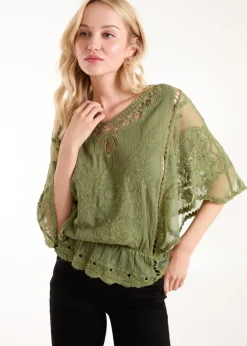 Tops>Blue Vanilla Khaki Butterfly Print Blouse