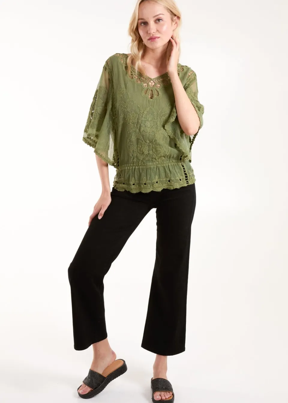 Tops>Blue Vanilla Khaki Butterfly Print Blouse