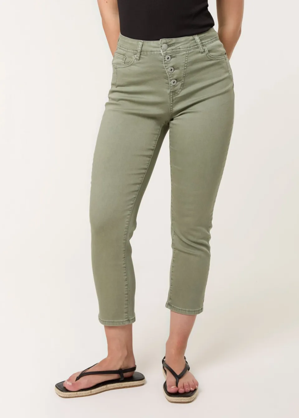 Trousers>Blue Vanilla Khaki Button Front Capri Trouser