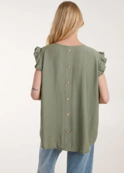 Tops>Blue Vanilla Khaki Button Back Frill Shoulder Top