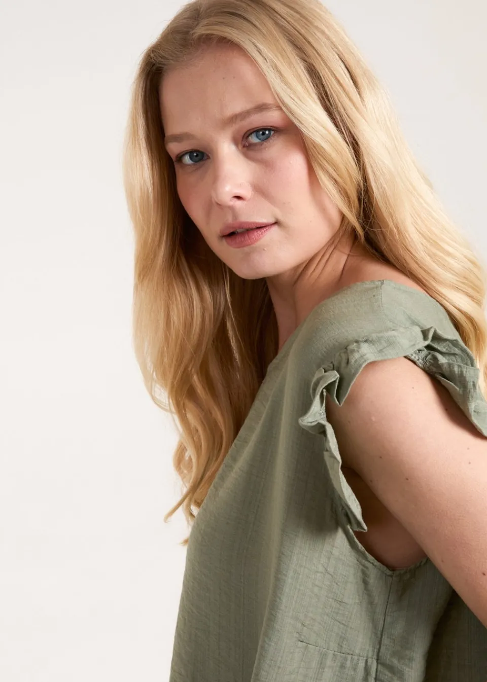 Tops>Blue Vanilla Khaki Button Back Frill Shoulder Top