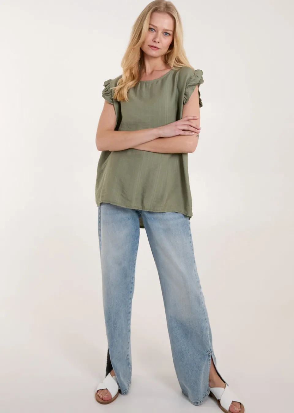 Tops>Blue Vanilla Khaki Button Back Frill Shoulder Top