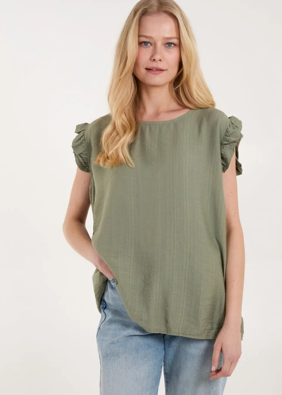 Tops>Blue Vanilla Khaki Button Back Frill Shoulder Top