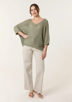 Knitwear>Blue Vanilla Khaki Crochet V Neck Jumper