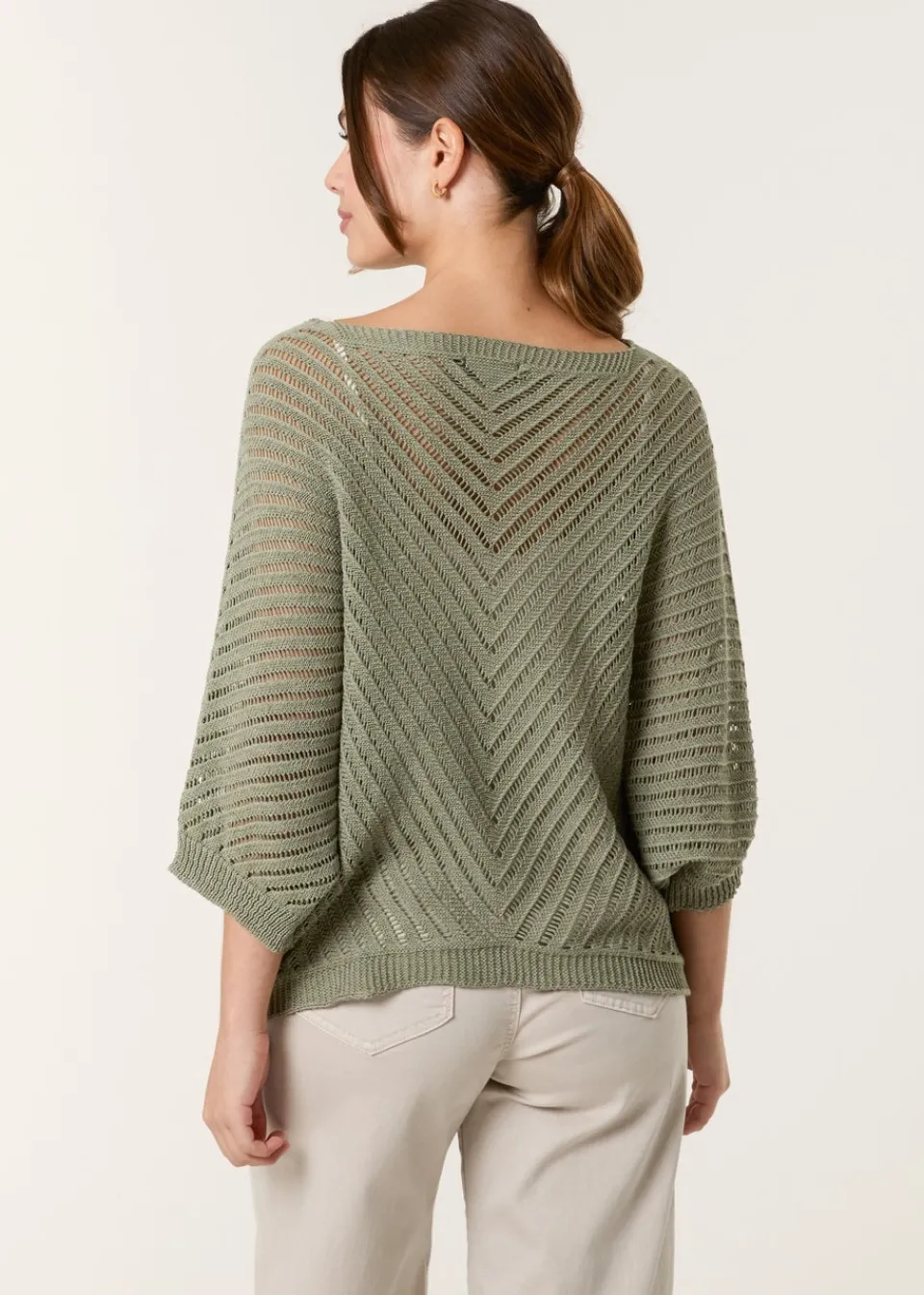 Knitwear>Blue Vanilla Khaki Crochet V Neck Jumper