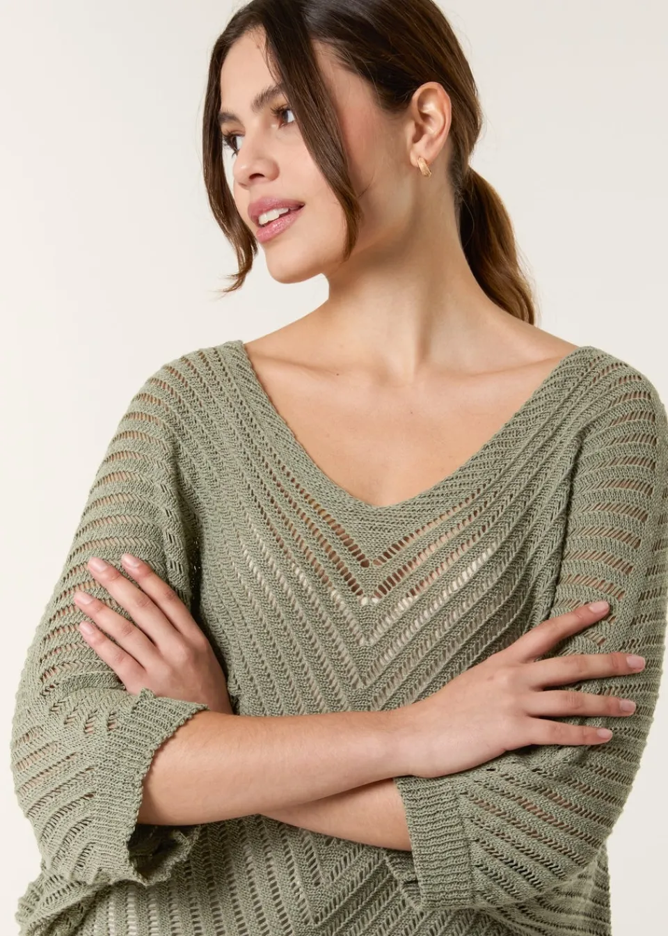 Knitwear>Blue Vanilla Khaki Crochet V Neck Jumper