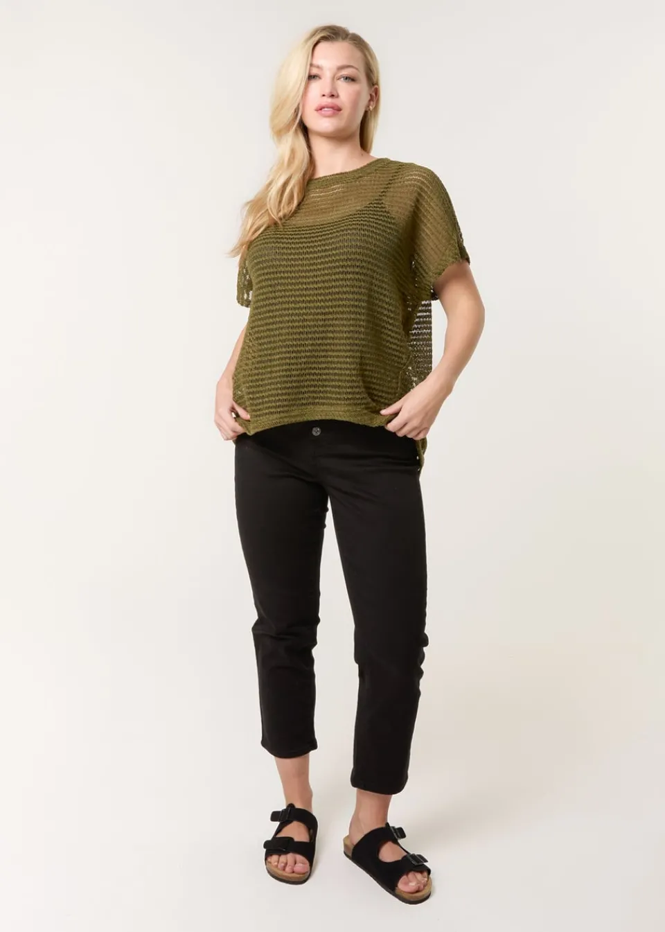 T-Shirts>Blue Vanilla Khaki Crochet Batwing Oversized Top