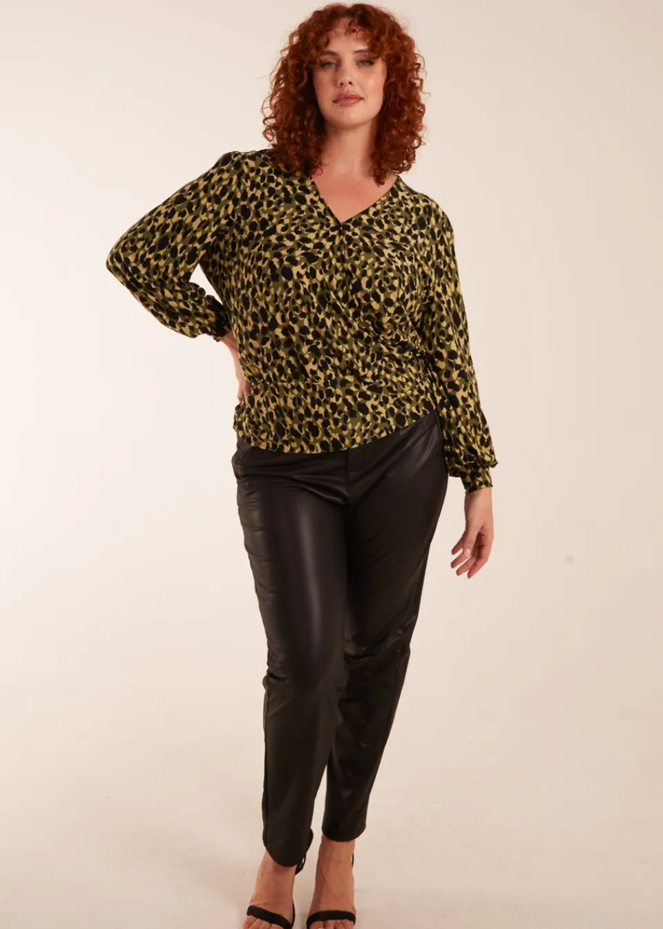 Tops>Blue Vanilla Khaki Curve Wrap Front Leopard Print Top