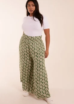 Trousers>Blue Vanilla Khaki Curve Shirred Wide Leg Aztec Trouser Blue