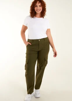Trousers>Blue Vanilla Curve Straight Leg Pocket Detail Cargo Joggers Khaki