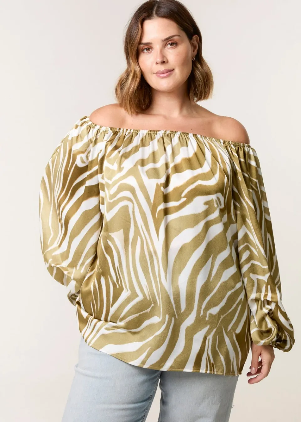 Tops>Blue Vanilla Khaki Curve Zebra Satin Ruched Bardot Top