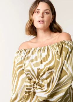Tops>Blue Vanilla Khaki Curve Zebra Satin Ruched Bardot Top