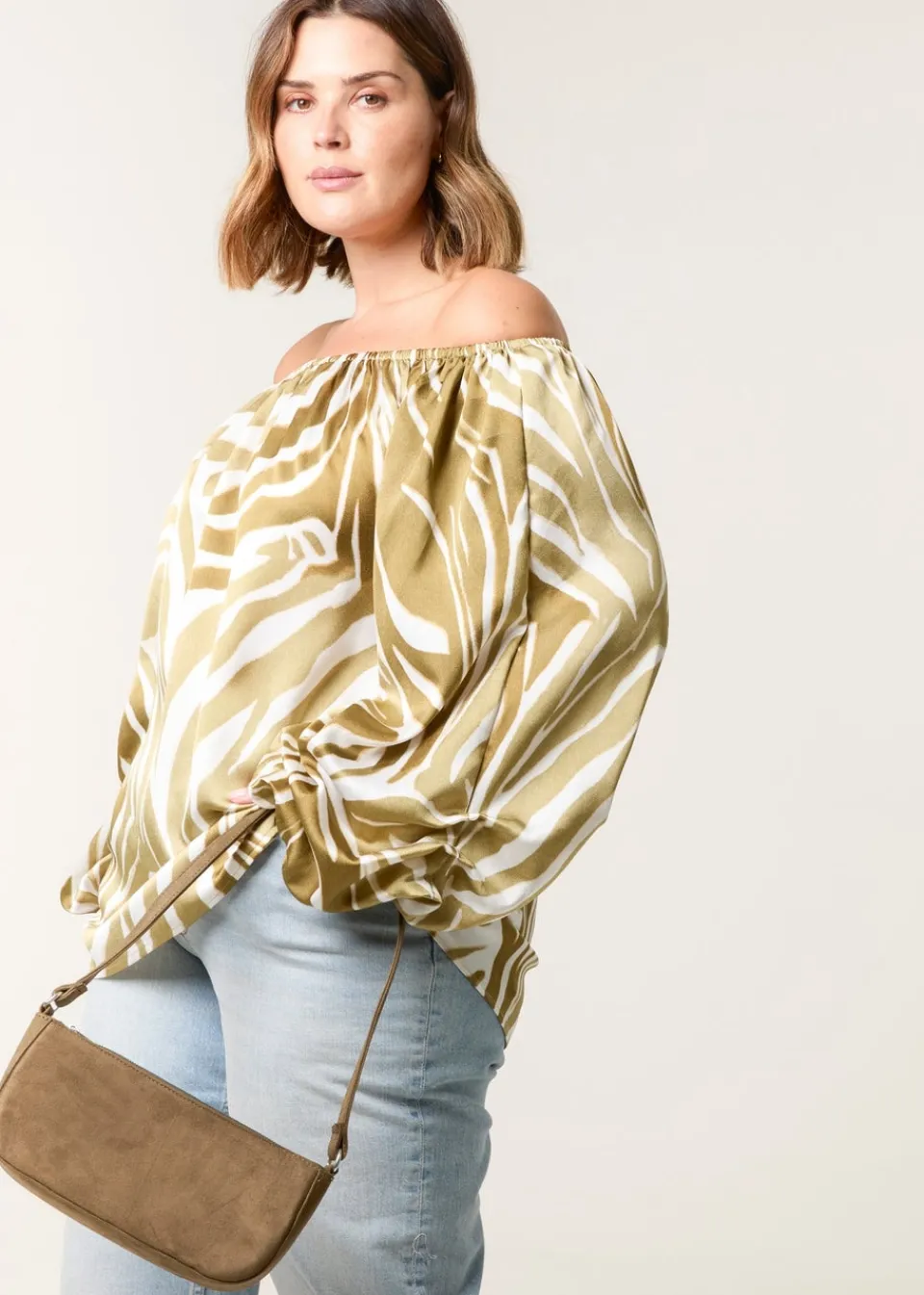 Tops>Blue Vanilla Khaki Curve Zebra Satin Ruched Bardot Top