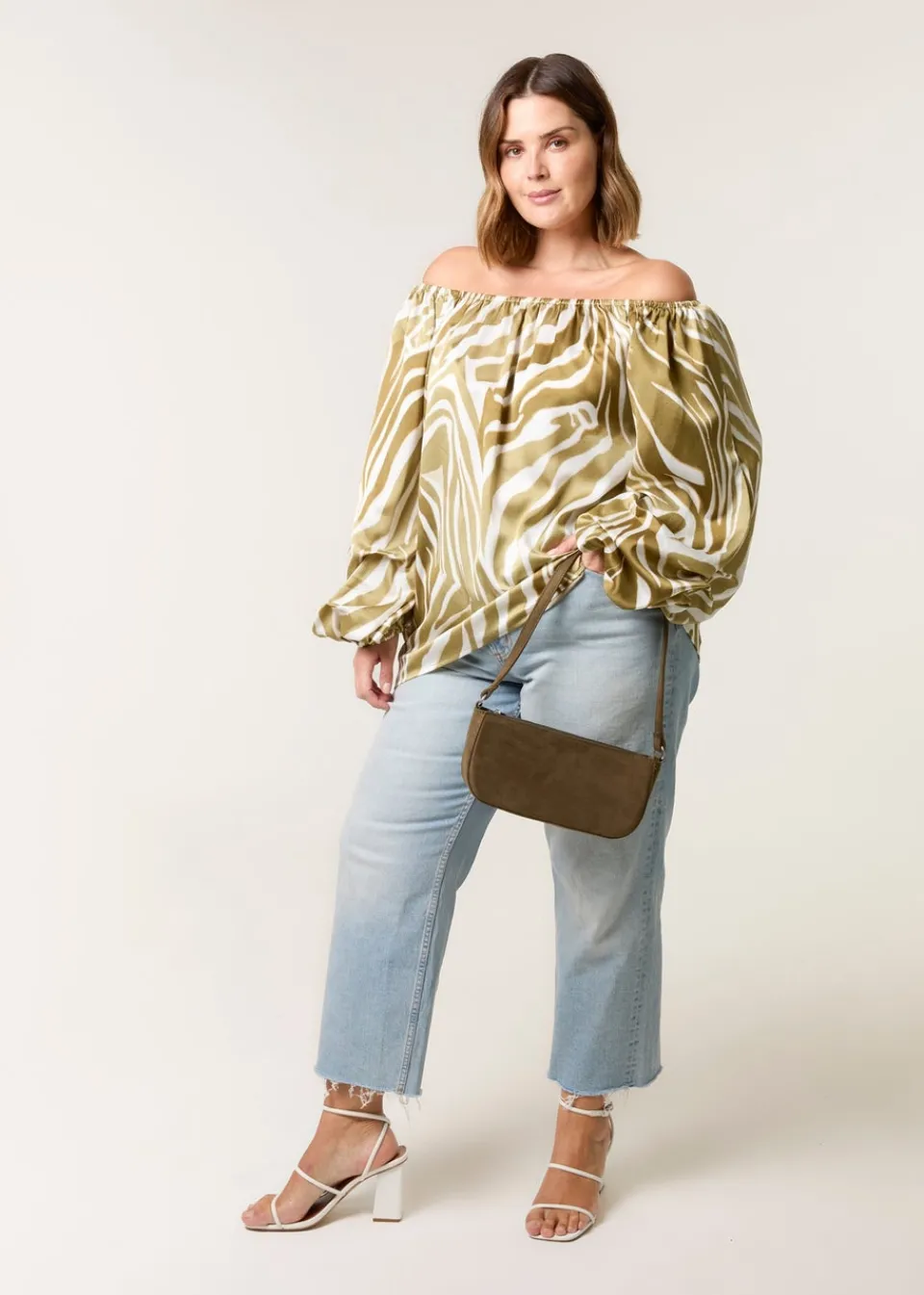 Tops>Blue Vanilla Khaki Curve Zebra Satin Ruched Bardot Top