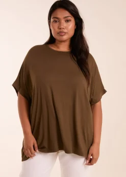 T-Shirts>Blue Vanilla Curve Floral Crochet Back Top Khaki
