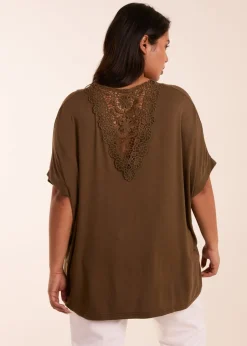 T-Shirts>Blue Vanilla Curve Floral Crochet Back Top Khaki