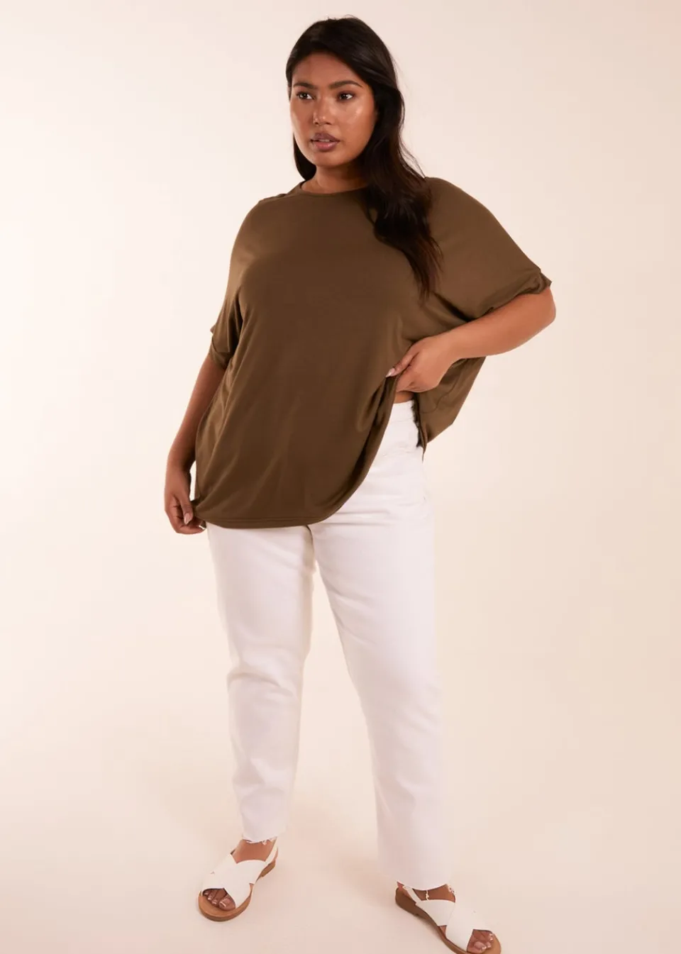 T-Shirts>Blue Vanilla Curve Floral Crochet Back Top Khaki