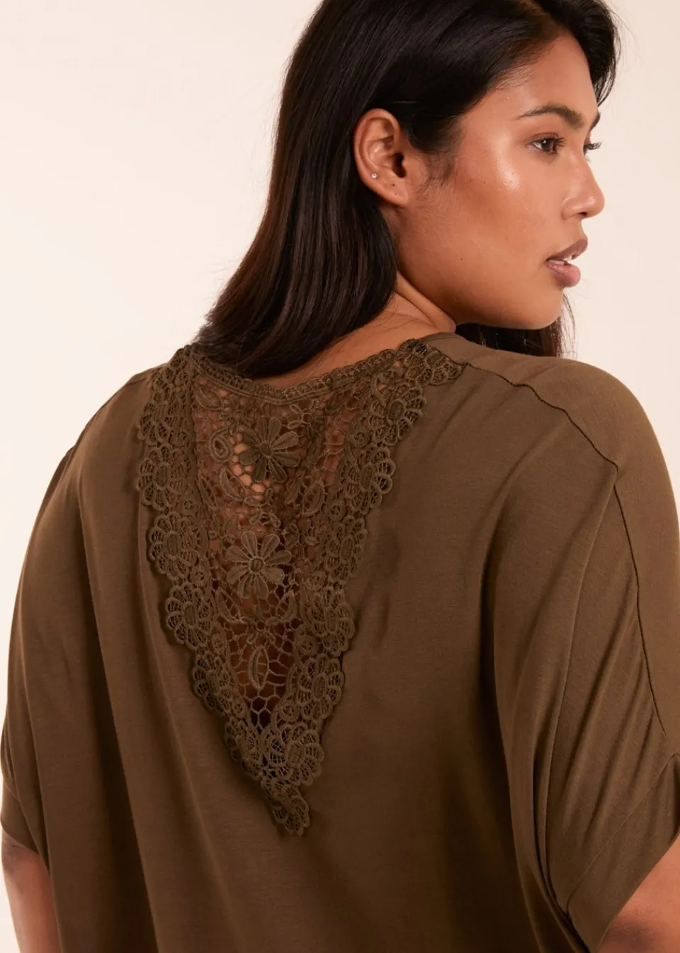 T-Shirts>Blue Vanilla Curve Floral Crochet Back Top Khaki