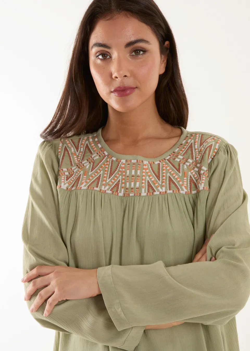 T-Shirts>Blue Vanilla Embroidered Top Khaki