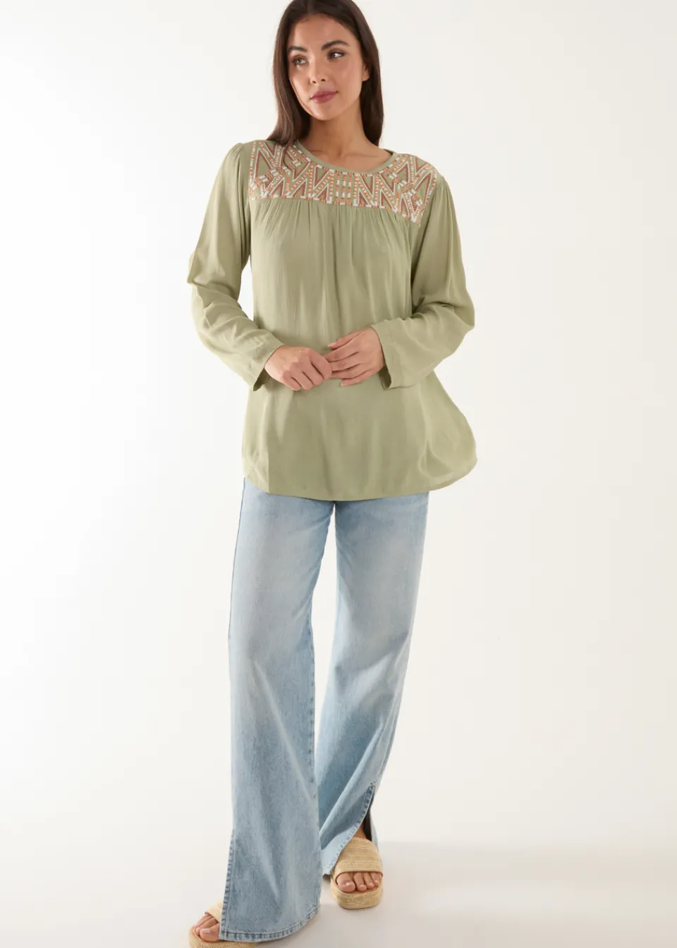 T-Shirts>Blue Vanilla Embroidered Top Khaki