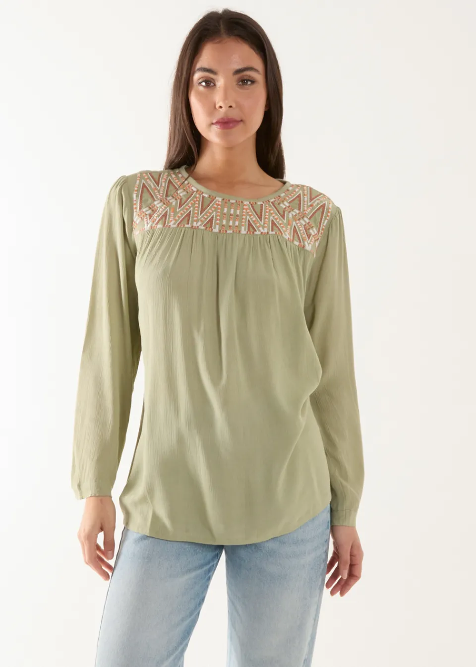 T-Shirts>Blue Vanilla Embroidered Top Khaki