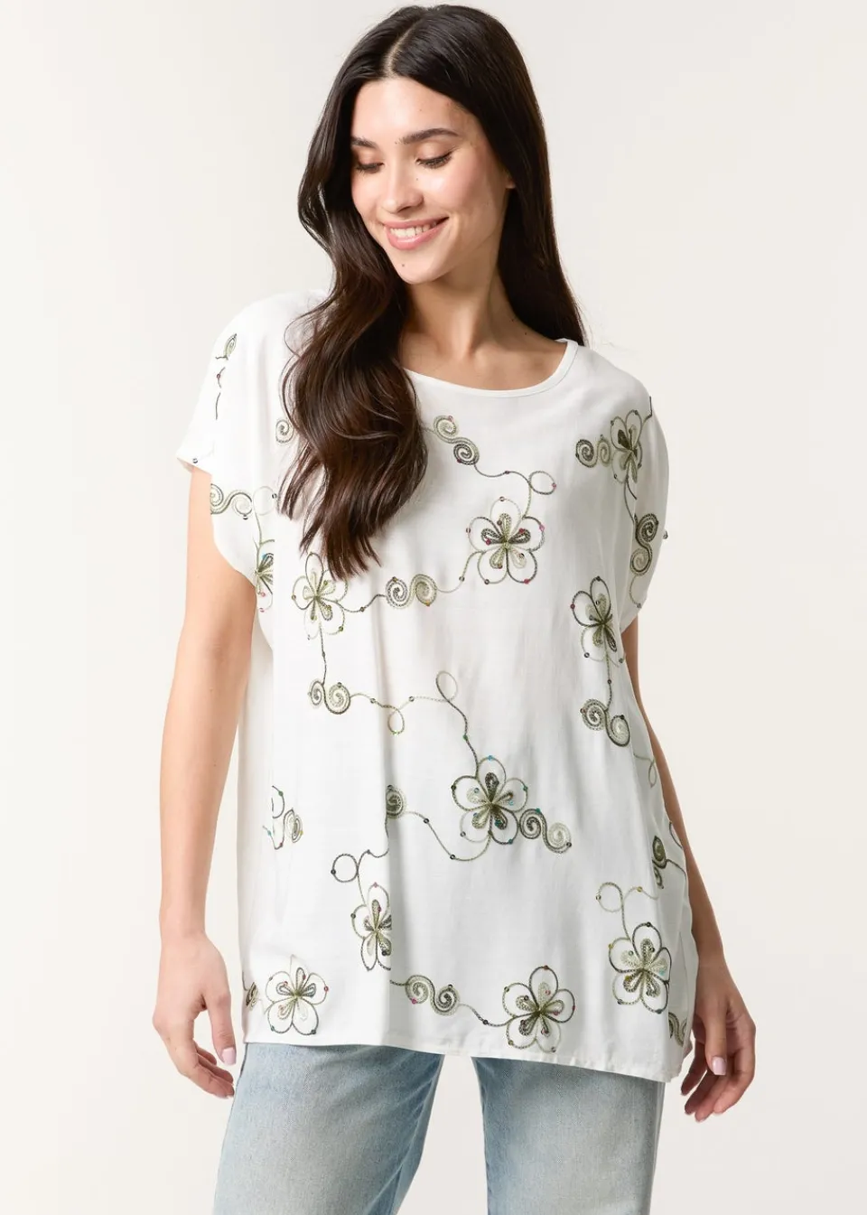 T-Shirts>Blue Vanilla Khaki Embroidered Flower Top