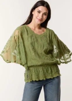Tops>Blue Vanilla Khaki Floral Lace Butterfly Sleeve Blouse
