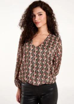 Tops>Blue Vanilla Khaki Geometric Print V Neck Bubble Hem Top