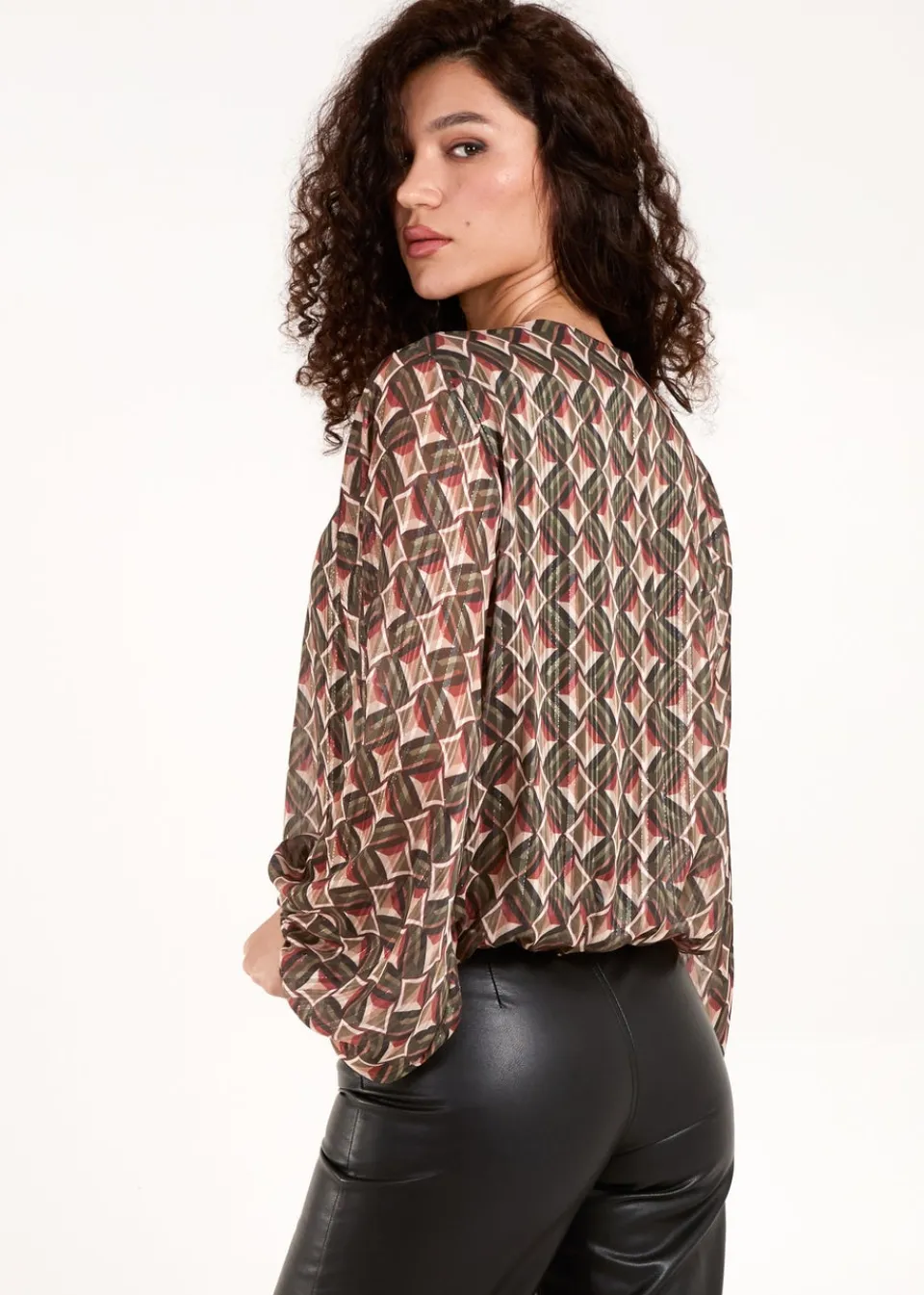 Tops>Blue Vanilla Khaki Geometric Print V Neck Bubble Hem Top