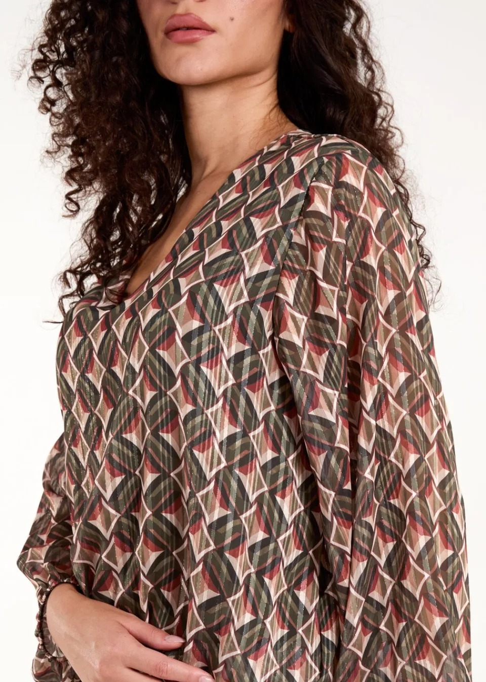 Tops>Blue Vanilla Khaki Geometric Print V Neck Bubble Hem Top