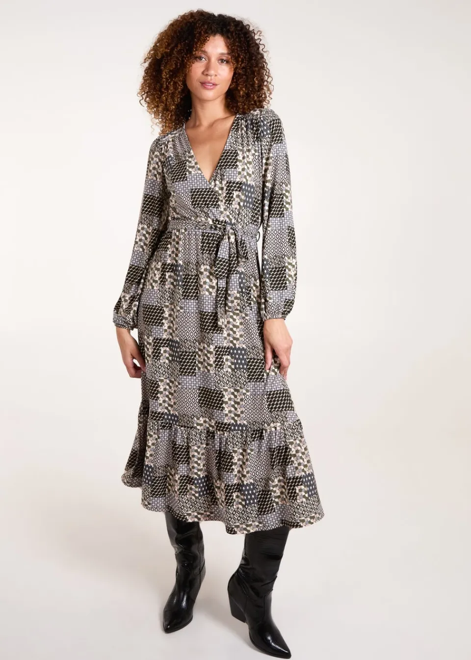Dresses>Blue Vanilla Khaki Geometric Wrap Front Belted Midi Dress