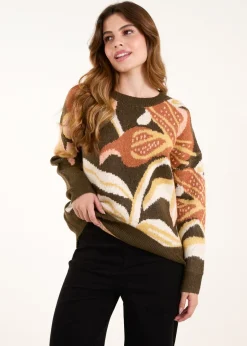 Tops>Blue Vanilla Khaki Glitter Flower Knit Jumper