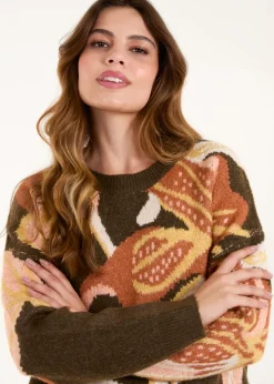 Tops>Blue Vanilla Khaki Glitter Flower Knit Jumper