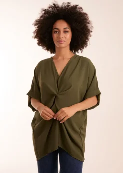T-Shirts>Blue Vanilla Khaki Knot Detail Top