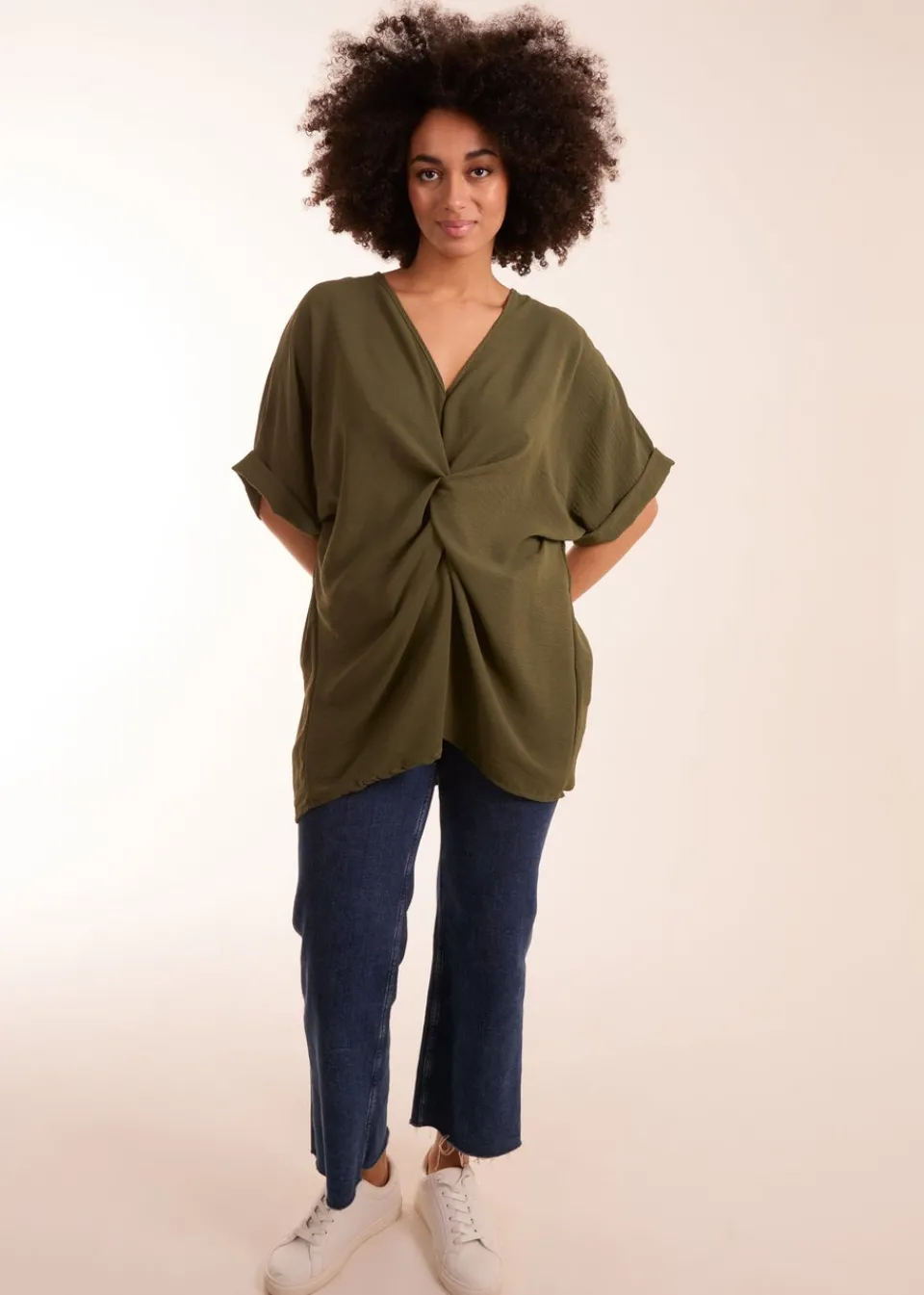 T-Shirts>Blue Vanilla Khaki Knot Detail Top