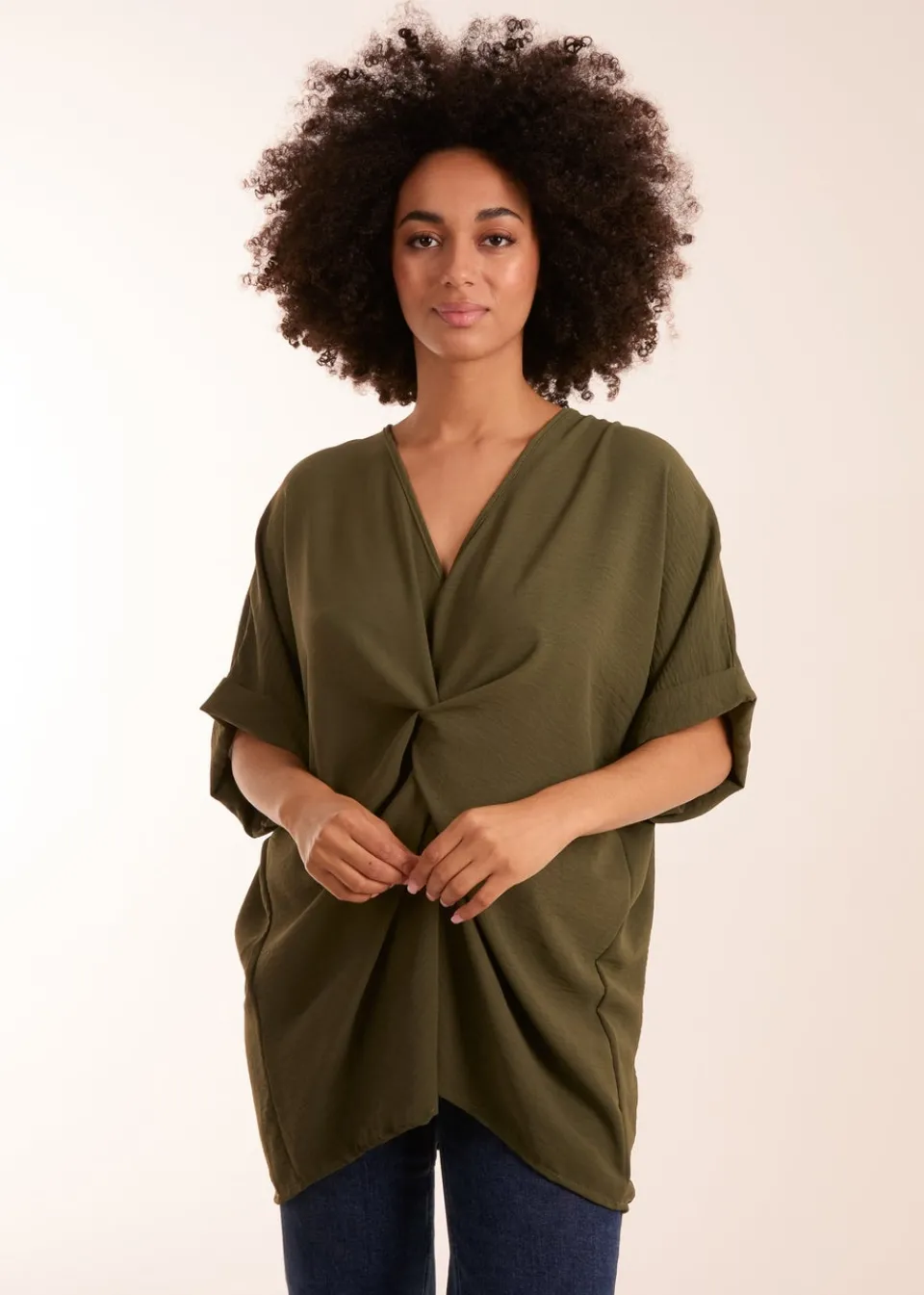T-Shirts>Blue Vanilla Khaki Knot Detail Top