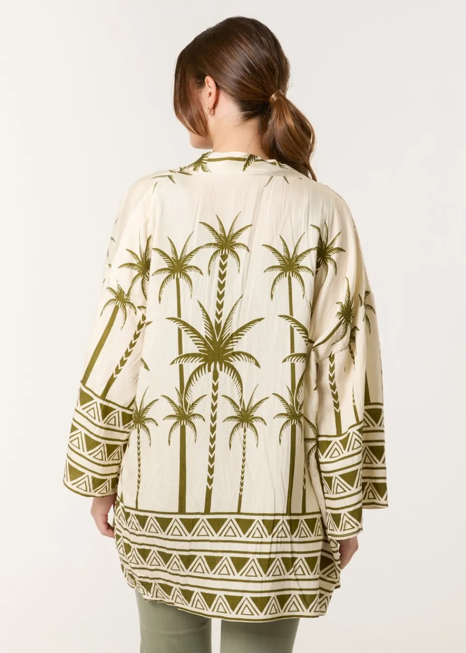 Tops>Blue Vanilla Khaki Palm Print Kimono